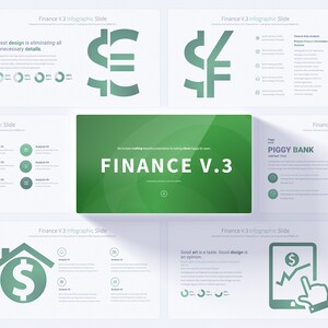 Könnte beinhalten: Eine grüne und weiße Infografik-Präsentation mit dem Titel "FINANCE V.3". Die Präsentation enthält Symbole im Zusammenhang mit Finanzen, wie z. B. ein Sparschwein, ein Haus, ein Dollarzeichen und ein Diagramm.