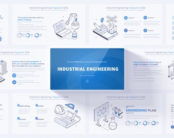 May include: A presentation slide deck with the title "Industrial Engineering" in blue text. The slides feature isometric illustrations of robots, drones, computers, and other industrial equipment. The slides also include text about the history and benefits of industrial engineering.