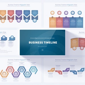 May include: A set of nine infographic slides with different timeline designs. Each slide features a different color scheme and layout, with icons and text boxes to represent different stages or milestones. The slides are designed for business presentations and reports.