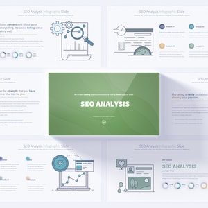 May include: A green and white infographic presentation with the title "SEO Analysis" and several slides with icons and text about SEO strategies. The icons include a magnifying glass, a gear, a phone, a globe, a heart, and a laptop.