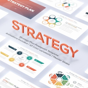 以下が含まれることがあります： カラフルなインフォグラフィックとオレンジ色の「STRATEGY」という3Dの文字が配置された、白いプレゼンテーションスライドのコレクションです。「Strategy Plan Infographic Slide」と「Strategy Plan Powepoint Template」というタイトルが付けられています。画像には「Animations Included / 12 Color variations / Master Slides」というテキストが含まれています。