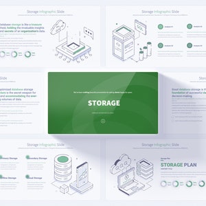 May include: A green and white infographic presentation about database storage. The presentation includes illustrations of servers, clouds, and data storage devices. The text on the slides includes phrases like "Database storage is like a treasure chest", "A well-optimized database storage architecture is the secret weapon for scaling and accommodating the ever-growing volumes of data", and "Good database storage is the foundation of successful data-driven decision-making".