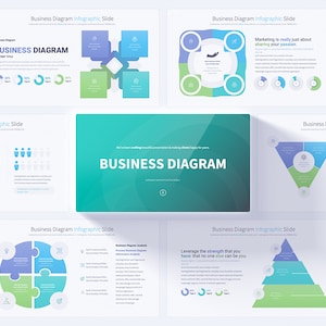 May include: A presentation slide deck with a blue, green, and white color scheme. The slides feature various business diagrams, including pie charts, bar graphs, and flowcharts. The text on the slides includes the words "Business Diagram" and "Infographic Slide".
