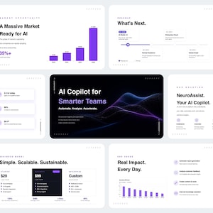 Pode incluir: Uma coleção de slides de apresentação digital com um design limpo e moderno. Os slides apresentam gráficos, diagramas e texto, com um esquema de cores branco, preto e roxo. O conteúdo se concentra em IA, oportunidades de mercado e soluções de negócios.