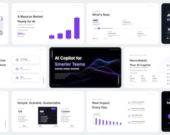 May include: A collection of digital presentation slides with a clean, modern design. The slides feature charts, graphs, and text, with a color scheme of white, black, and purple. The content focuses on AI, market opportunities, and business solutions.