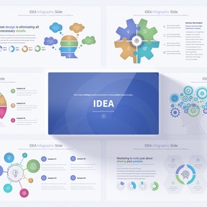 May include: A presentation slide deck with the word "IDEA" in a blue box. The slides feature various infographic designs with gears, light bulbs, and other icons. The slides are designed to help users visualize and communicate ideas.
