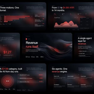 May include: A dark, modern graphic design with red and white text and data visualizations. The image includes phrases like "Three motions. One funnel" and "Revenue runs itself."