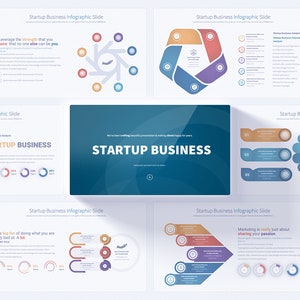 May include: A presentation slide deck with the title "Startup Business" in blue text on a teal background. The slides feature various infographic elements, including circles, arrows, and charts, with a color scheme of blue, orange, red, and purple.