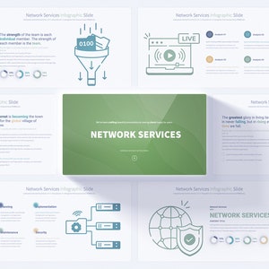May include: A green and white infographic presentation about network services. The presentation includes icons, text, and charts. The title of the presentation is "Network Services".