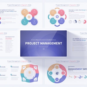 May include: A presentation slide deck with a purple background and the text "PROJECT MANAGEMENT" in white. The slides feature colourful circular diagrams with icons and text related to project management.