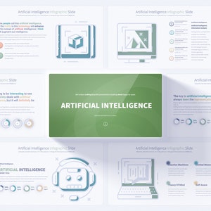May include: A presentation slide deck with the title "Artificial Intelligence" in green text. The slides feature various illustrations of robots, gears, and computer screens. The slides also include text about the history and future of artificial intelligence.