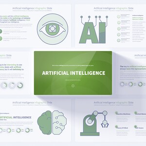 May include: A presentation slide deck with the title "Artificial Intelligence" in green text. The slides feature various icons and diagrams related to artificial intelligence, including a brain, an eye, a robot arm, and a gear. The slides also include text about the different types of artificial intelligence, such as reactive machines, limited memory, theory of mind, and self-aware.