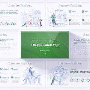 Könnte beinhalten: Eine grüne und weiße Infografik-Präsentation mit dem Titel "Finanzanalyse" und Illustrationen von Personen, die mit Geld und Finanzen arbeiten. Die Präsentation enthält Diagramme, Grafiken und Text über Finanzplanung, Erfolg und Geschäft.