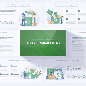 May include: A green and white infographic presentation with the title "Finance Management" and illustrations of people working with money. The presentation includes text about the importance of finding a career you love and the importance of being right once.
