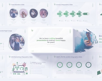 May include: A presentation slide deck with a white background and green accents. The slides feature various infographics, including team member profiles, arrows, 3D shapes, and SWOT analysis. The text on the slides includes "Team Members Slide", "Arrows Infographics Slide", "3D Infographics", "We've been crafting beautiful presentation & making clients happy for years.", "SEO/Marketing Infographics Slide", "SWOT, PESTEL & AIDA Infographics Slide", and "Brush Stroke Image Left".