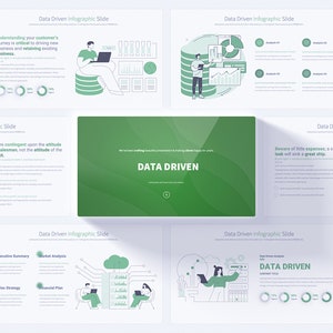 Puede incluir: Una presentación infográfica verde y blanca con el título "Data Driven" e ilustraciones de personas trabajando con datos. La presentación incluye gráficos, tablas y texto sobre la toma de decisiones basada en datos.