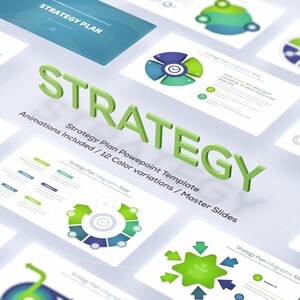 Könnte beinhalten: Eine Sammlung von PowerPoint-Folien zum Thema Geschäftsstrategie. Das Wort „STRATEGY“ ist in 3D-Grün dargestellt. Die Folien zeigen Infografiken in Blau- und Grüntönen, mit dem Text „Strategy Plan“.