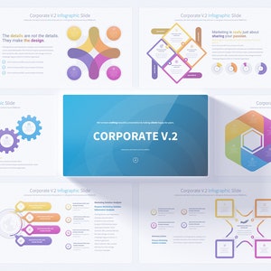 May include: A set of 10 infographic slides with colorful geometric shapes and text. The slides are designed for business presentations and include topics such as marketing, design, and vision.