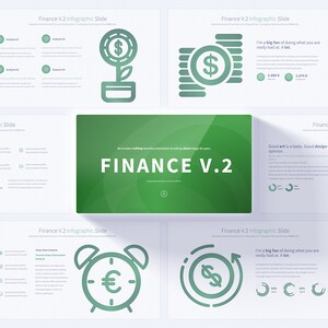 以下が含まれることがあります： 「FINANCE V.2」というタイトルの緑と白のインフォグラフィックプレゼンテーション。お金の成長、通貨交換、時間管理など、さまざまな金融の概念を表すアイコンが使用されています。