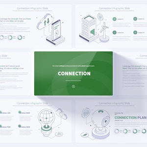 Può includere: Un set di diapositive di presentazione con uno sfondo verde e la parola "CONNESSIONE" in testo bianco. Le diapositive presentano varie illustrazioni di dispositivi connessi, tra cui uno smartphone, una nuvola, un edificio, un globo terrestre e una lampadina. Le diapositive includono anche testo sulla connessione, la narrazione di storie e lo sfruttamento dei punti di forza.