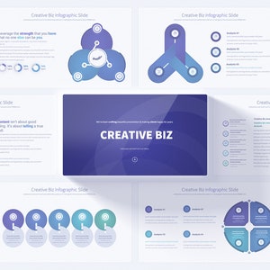 May include: A presentation slide deck with the title "Creative Biz" in a purple and blue colour scheme. The slides feature various infographic elements, including circles, triangles, and pyramids, with text and data points.
