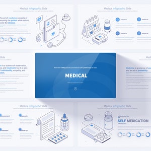 Puede incluir: Un conjunto de 10 diapositivas de infografía médica con un esquema de color azul y blanco. Las diapositivas presentan ilustraciones isométricas de equipos médicos, como un estetoscopio, píldoras, un calendario y un dron. Las diapositivas también incluyen texto sobre la ciencia y el arte de la medicina.