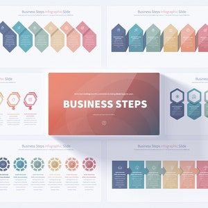 May include: A set of infographic slides with different shapes and colors, each with a number and an icon. The slides are titled "Business Steps Infographic Slide".
