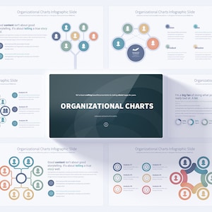 Könnte beinhalten: Ein Satz von neun Infografik-Folien mit verschiedenen Organisationsdiagramm-Designs. Die Diagramme verwenden Kreise, Linien und Symbole, um verschiedene Organisationsstrukturen darzustellen. Die Folien sind für die Verwendung in Präsentationen oder Berichten konzipiert.