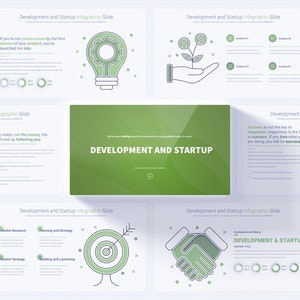 May include: Green and white infographic slides with illustrations and text about development and startup. The text includes phrases like "Choose the vision, not the money" and "Success is not the key to happiness".