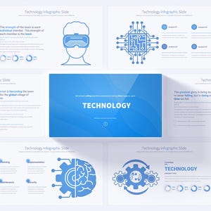 Peut inclure: Une présentation infographique bleue et blanche sur la technologie. La présentation comprend des icônes d'un nuage, d'un cerveau, d'un drone, d'un circuit imprimé et d'une personne portant des lunettes de réalité virtuelle. Le texte "TECHNOLOGIE" apparaît dans une boîte bleue.