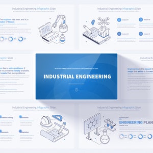 May include: A presentation slide deck with the title "Industrial Engineering" in blue text. The slides feature isometric illustrations of industrial engineering concepts, such as robots, drones, and computer systems. The slides also include text describing the role of industrial engineers in problem-solving and innovation.