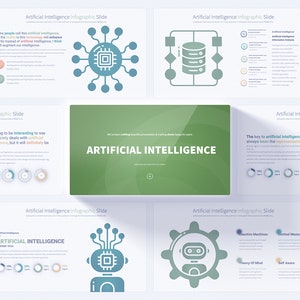 May include: A presentation slide deck with the title "Artificial Intelligence" in green text. The slides feature various icons and diagrams related to artificial intelligence, including a computer chip, a database, a robot, and a magnifying glass with an eye.