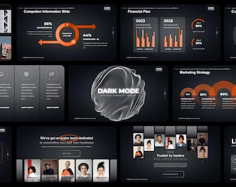 May include: A dark mode presentation template with a 3D sphere graphic. The template includes slides for competition information, financial plan, marketing strategy, and a team introduction. The slides feature charts, graphs, and icons.