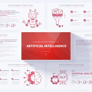 May include: A presentation slide deck with a red background and white text. The title of the presentation is "Artificial Intelligence". The slides contain various illustrations and text about artificial intelligence, including a robot, a brain, and a gear.