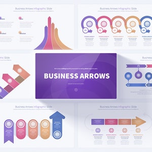 May include: A purple, blue, and orange infographic slide deck with the title "Business Arrows" and various arrow-shaped diagrams. The diagrams are used to illustrate steps, processes, and timelines.