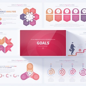 Könnte beinhalten: Ein Präsentationsfoliensatz mit dem Wort "GOALS" in großer, fetter Schrift. Die Folien zeigen verschiedene Diagramme und Grafiken, darunter ein Kreisdiagramm mit einem Zielsymbol, ein Balkendiagramm und ein Liniendiagramm. Die Folien sollen Benutzern helfen, ihre Ziele zu visualisieren und zu verfolgen.