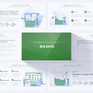 May include: A green and white presentation slide deck with the title "Big Data" and illustrations of people working with data. The slides include text about the importance of big data, data analysis, and the benefits of working with data.