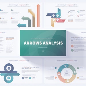 Op de afbeelding: Een presentatieslidedeck met de titel "Arrows Analysis" en verschillende infographic-slides met pijlen, cirkels en andere vormen in verschillende kleuren. De slides zijn ontworpen om te helpen bij het visualiseren van gegevens en het presenteren van informatie op een duidelijke en beknopte manier.