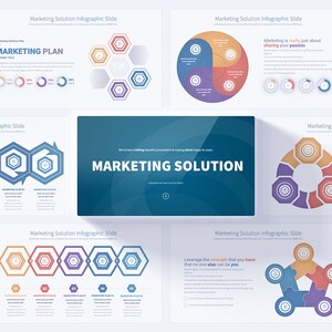 May include: A presentation slide deck with the title "Marketing Solution" and several infographic slides. The slides feature various charts, graphs, and diagrams, including pie charts, hexagons, and circles. The slides are designed to help businesses develop and implement effective marketing strategies.