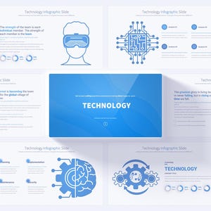 May include: A blue and white infographic presentation with the word "TECHNOLOGY" in a large, bold font. The presentation includes icons representing various aspects of technology, such as a drone, a computer chip, and a brain with a gear.