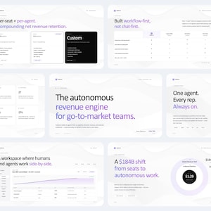May include: A digital presentation slide deck featuring white backgrounds with purple text and graphics. The slides display business analytics, revenue engine concepts, and workflow data with headings like The autonomous revenue engine for go-to-market teams.