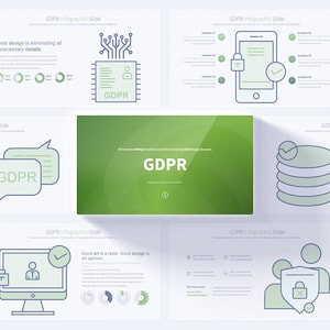 以下が含まれることがあります： GDPR（一般データ保護規則）に関する緑と白のインフォグラフィックプレゼンテーション。プレゼンテーションには、データプライバシーとセキュリティに関連するいくつかのアイコンと図が含まれています。プレゼンテーション全体で「GDPR」というテキストが複数回表示されます。