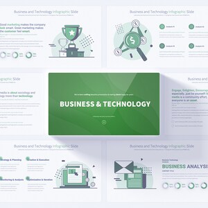 May include: A green and white infographic presentation slide deck with the title "Business & Technology". The slides feature various icons and charts related to business and technology, such as a trophy, a magnifying glass, a magnet, and a shopping cart.