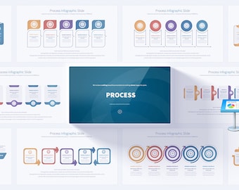 May include: A set of process infographic slides with different layouts and color schemes. The slides feature circles, arrows, and text boxes to illustrate steps in a process. The title slide says "PROCESS".