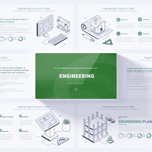 Op de afbeelding: Een presentatie diadeck met het woord "ENGINEERING" in een groene cirkel. De dia's bevatten lijntekeningen van verschillende engineeringconcepten, waaronder een computer, een huis, een machine en een bouwplaats. De dia's bevatten ook tekst over de aard van engineering en het belang van probleemoplossing.