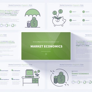 Puede incluir: Una presentación infográfica verde y blanca sobre economía de mercado. La presentación incluye ilustraciones de una alcancía, una bolsa de dinero, una lupa, una computadora portátil y una pizarra blanca con un rompecabezas. El texto "MARKET ECONOMICS" se presenta en un degradado verde y blanco.