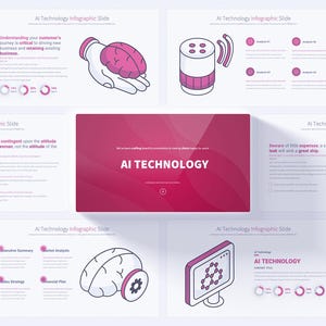Puede incluir: Una presentación de diapositivas con un esquema de color rosa y blanco. El título de la presentación es "AI Technology". Las diapositivas contienen varios iconos y gráficos relacionados con la inteligencia artificial.