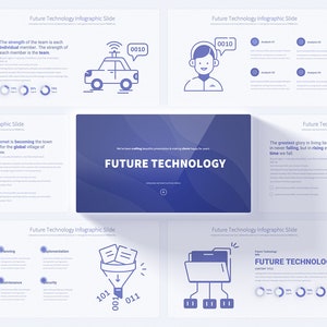 Puede incluir: Un conjunto de diapositivas de presentación con un esquema de color azul y blanco. Las diapositivas presentan iconos y texto sobre tecnología del futuro. El texto en las diapositivas incluye "Future Technology" y "Internet se está convirtiendo en la plaza del pueblo para la aldea global del mañana."