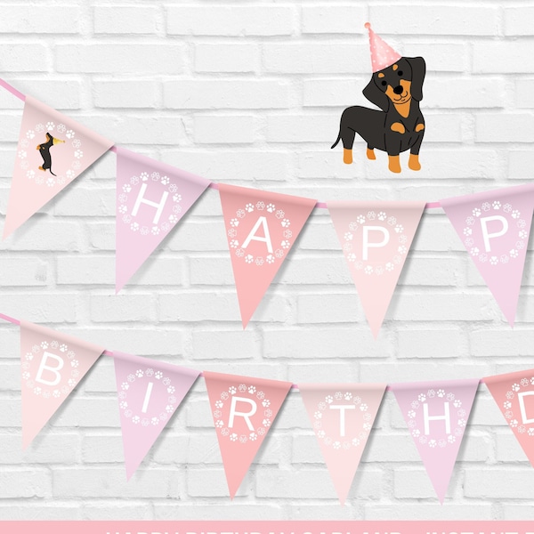 Dackel-Geburtstagsparty-Hundegirlande, Dackel-Banner-Banner, Hundedekorationen, Welpenbanner, sofortiger Download