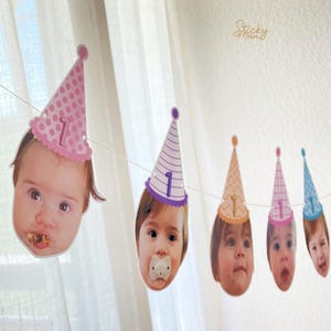 Guirlande de photos | Bannière pour le premier anniversaire de bébé Guirlande d'images personnalisées pour fête du 1er anniversaire, décorations de cupcakes photo personnalisées | confettis visage de bébé